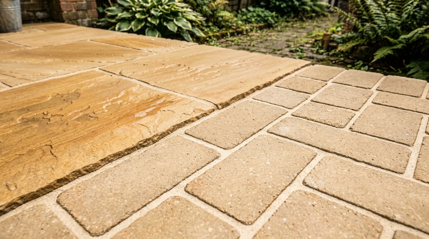 Restored British stone patio after professional pressure washing
