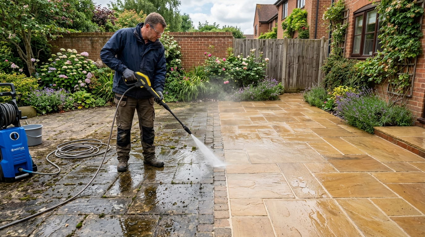 Professional technician jet washing paving showing immediate transformation